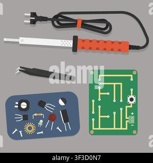 Empty PCB Circuit Board with Electronic Components and Tools - Electronics Assembly Kit Vector Illustration Stock Vector
