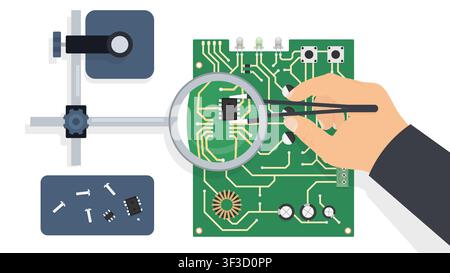 Microchip Installation on Circuit Board - Electronics Assembly and Repair Under Magnification Vector Illustration Stock Vector