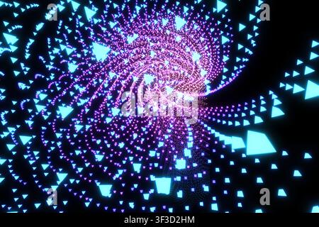 Abstract blue particle spiral vortex background. Dynamic swirling geometric particle light stream. Stock Photo