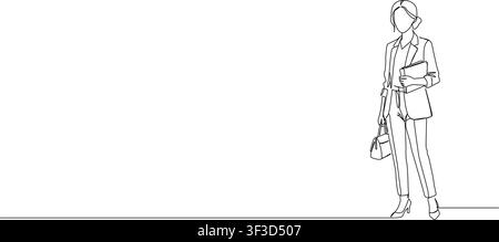 continuous line drawing of businesswoman in blazer suit, carrying folder and handbag, line art vector illustration Stock Vector