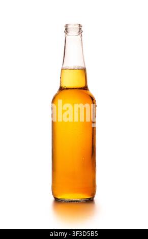 Cold full glass bottle of light craft lager with flowing drops, isolated on white background Stock Photo