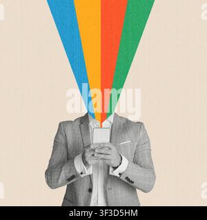 Unrecognizable Man Holding Smartphone With Colorful Lines Emerging, Digital Concept Stock Photo