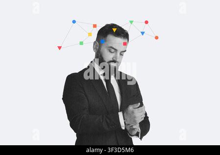 Confident Bearded Man In Suit Adjusting Cufflink, Abstract Mind Concept With Colorful Geometry Stock Photo