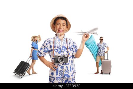 Happy boy with parents playing with an airplane and going on a trip isolated on white background Stock Photo