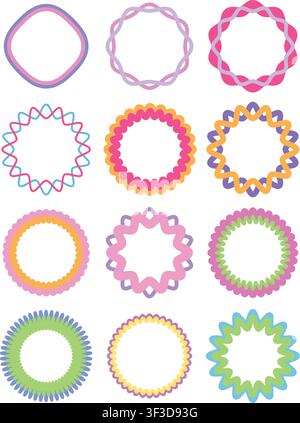 Colorful Circular Wavy Frame Collection Vector Illustration Decorative Round Border Abstract Scalloped Badge Shape Label Template Set Stock Vector