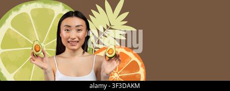 Happy Young Asian Woman Holding Avocado Halves, Studio Background, Healthy Eating Concept Stock Photo