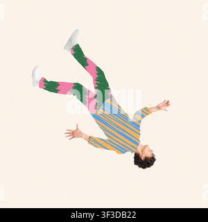 Unrecognizable Male Model In Colorful Outfit Posing With Hands Raised, Abstract Background Stock Photo