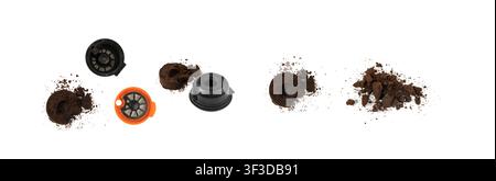 Reusable coffee capsule and heap of used grinding coffee waste isolated. Pressed coffee for scrub, eco bio waste on white background Stock Photo