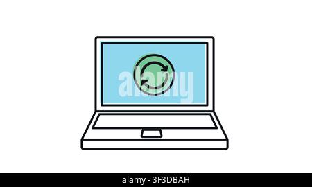 Laptop with refresh arrows circle screen vector icon, black line and offset color flat style. Cloud computing, remote online work and software update Stock Vector