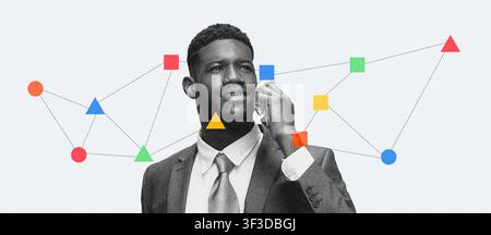 Confident Black Man Talking On Phone In Business Suit, Office Setting, Professional Concept Stock Photo