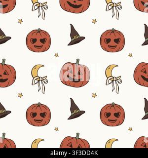 Seamless pattern with hand drawn carved pumpkins, witch hat, crescent moon with bow and stars in vintage doodle style Stock Vector