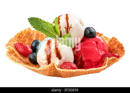 Ice cream scoops on waffle bowl isolated Stock Photo