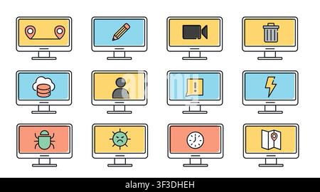 icons, vector, set, collection, line art, offset, color, business, technology, internet, digital, web UI, interface, location, pencil, video, trash ca Stock Vector