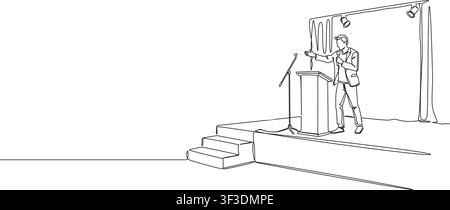 continuous line drawing of a speaker giving a presentation or speech on stage with a podium and microphone, line art vector illustration Stock Vector