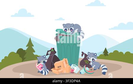 Raccoon with garbage. Wild animals group steals various trash, scattered waste. Urban animal pests, modern city problems, nowaday vector scene Stock Vector