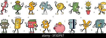 Financial groovy characters. Banking, crypto and investment. Isolated funny golden coin, gold bar, dollar bitcoin signs, piggy bank and purse Stock Vector