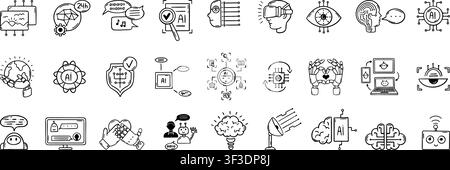Artificial intelligence doodle symbols. Ai technology icons for digital cooperative work process. Communication, smart online process, neoteric vector Stock Vector