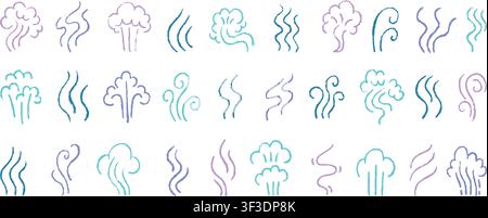 Crayon steam icons. Smoke, fog and smell pencil drawing isolated elements for comic. Children drawing style. Explosion clouds, neoteric vector set Stock Vector
