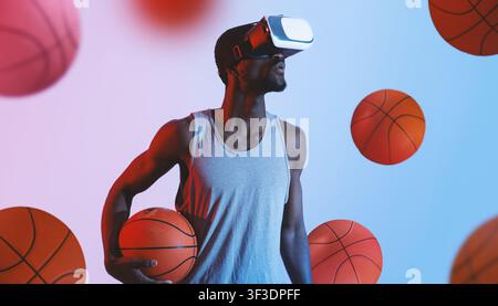 Young Black Man Wearing Vr Headset Holding Basketball In Virtual Reality Setting Stock Photo