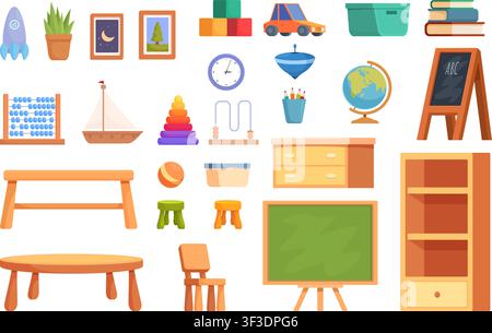 Preschool furniture. Plastic and wooden accessories, toys, decoration. Isolated shelf, stools and chair, desk, pictures and chalkboard, sapid vector Stock Vector