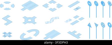 Isometric line road signs. Highway elements, roads with lanes of different shapes and directions, traffic situation, pedestrian, stop, overtaking sign Stock Vector