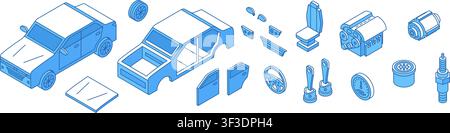 Isometric simple 3d car parts. Cars repair, auto service and garage tools and equipment. Different tech elements for automobile renovation, nifty Stock Vector