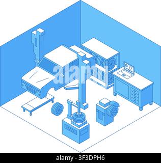 Isometric tire service. Seasonal tire change for passenger car in garage. Professional maintenance. Automobile renovation, nifty vector scene Stock Vector
