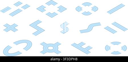 Line isometric road elements. Highway parts with markings. Isolated routes corners, circle part or traffic. Curves and crossroads, nifty vector Stock Vector