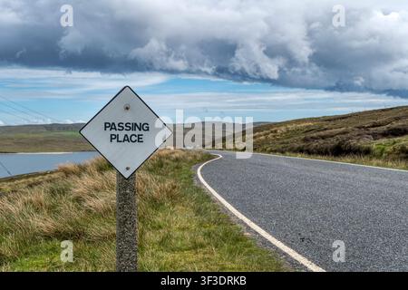 Passing place on a lonely single-track road on Shetland Mainland. Stock Photo