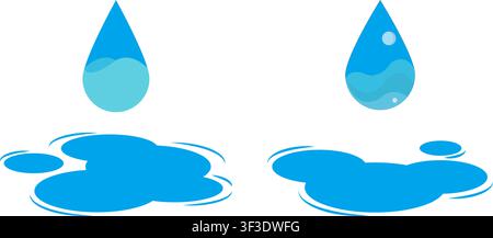 A clean illustration featuring two bright blue water droplets suspended above rippling puddles on a white background. Stock Vector