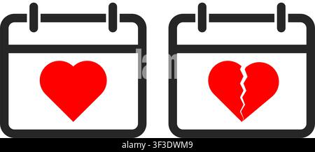 Two calendar icons showing a red heart on the left and a cracked heart on the right. This represents the emotional shift from love to a breakup over t Stock Vector