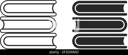 A clean set of two book stack icons featuring a horizontal three-book arrangement in both line art and solid black silhouette styles. Stock Vector