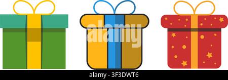 An illustration of three distinct present boxes in green, yellow, and red, decorated with ribbons, bows, and patterns against a white background. Stock Vector
