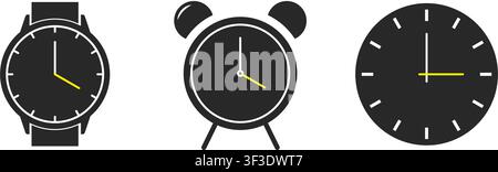 A minimalist set of three black clocks including a wristwatch, alarm clock, and wall clock, featuring white hour markers and distinct yellow hands. Stock Vector