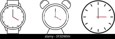 An illustration featuring a wristwatch, an alarm clock, and a wall clock displaying different times with black and red hands on a clean background. Stock Vector