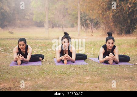 Group of asian women doing yoga on mat in outdoor park. Healthy lifestyle concept. Stock Photo