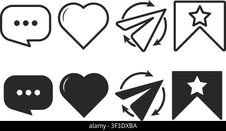A collection of linear and solid icons representing common social media actions like commenting liking sharing and saving content for digital apps. Stock Vector