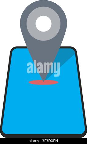 A graphic representation of a smartphone screen featuring a grey location pin mark over a red point indicating a precise destination or GPS tracking. Stock Vector