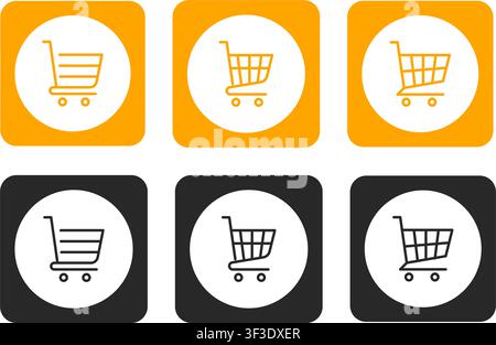Minimalist shopping cart icons in orange and black square buttons. Perfect for online store, digital checkout, and retail app user interfaces. Stock Vector