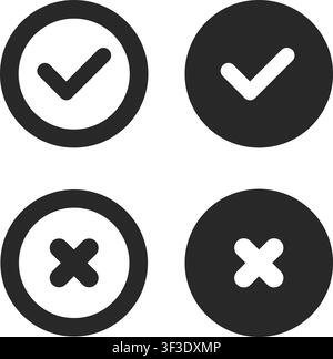Minimalist circular icons featuring check marks and crosses in solid and outlined styles for interface validation and status indication. Stock Vector