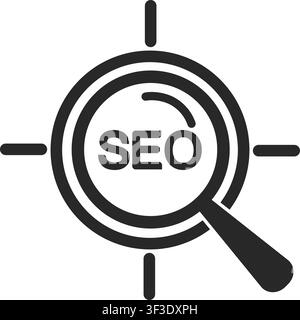 A black and white icon featuring a magnifying glass centered on a target symbol focusing on SEO text for digital marketing and web optimization. Stock Vector