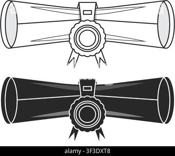 Black and white illustrations of rolled academic diplomas secured with a formal wax seal and ribbon for graduation and achievement concepts. Stock Vector