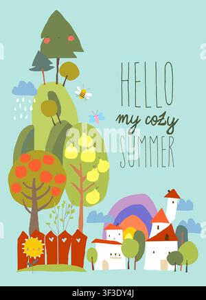 Cartoon Summer Landscape With Little Village and Cute Trees Stock Vector
