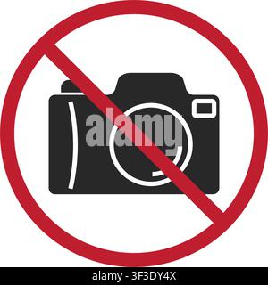 A clear international prohibition sign featuring a black camera icon inside a red circle with a diagonal strike through it on a white background. Stock Vector