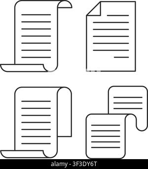 A collection of minimal black line icons depicting paper documents, sheets with folded corners, and scrolls with text lines isolated on white. Stock Vector