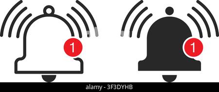 Outline and solid black ringing bell icons featuring a red circular notification badge with number one for app interface and alert design. Stock Vector