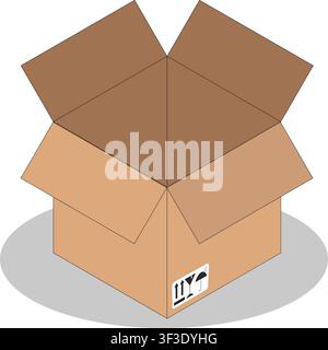 An isometric brown corrugated cardboard parcel featuring white labels for fragile items, upward orientation, and moisture protection. Stock Vector