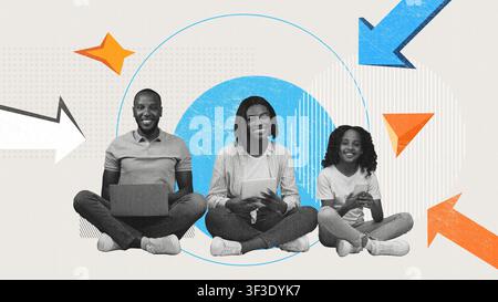 Happy Black Family Sitting Together Using Laptops And Tablet, Home Environment, Family Concept Stock Photo
