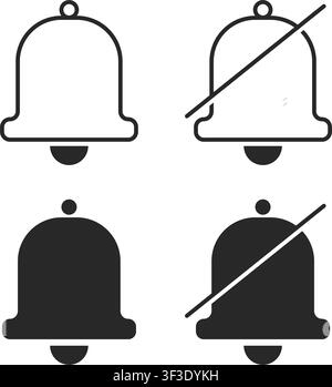 A professional collection of notification bell icons featuring outline and solid styles with active and silent versions for modern digital interfaces. Stock Vector