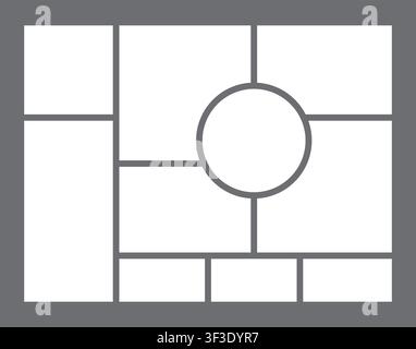 A gray grid collage photo frame layout featuring a central circular opening surrounded by rectangular and square picture slots of varying sizes. Stock Vector